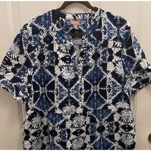 Chico's 4 (20 22) Blue Ikat Tie Dye Abstract Tiered Midi Dress Resort Cruise